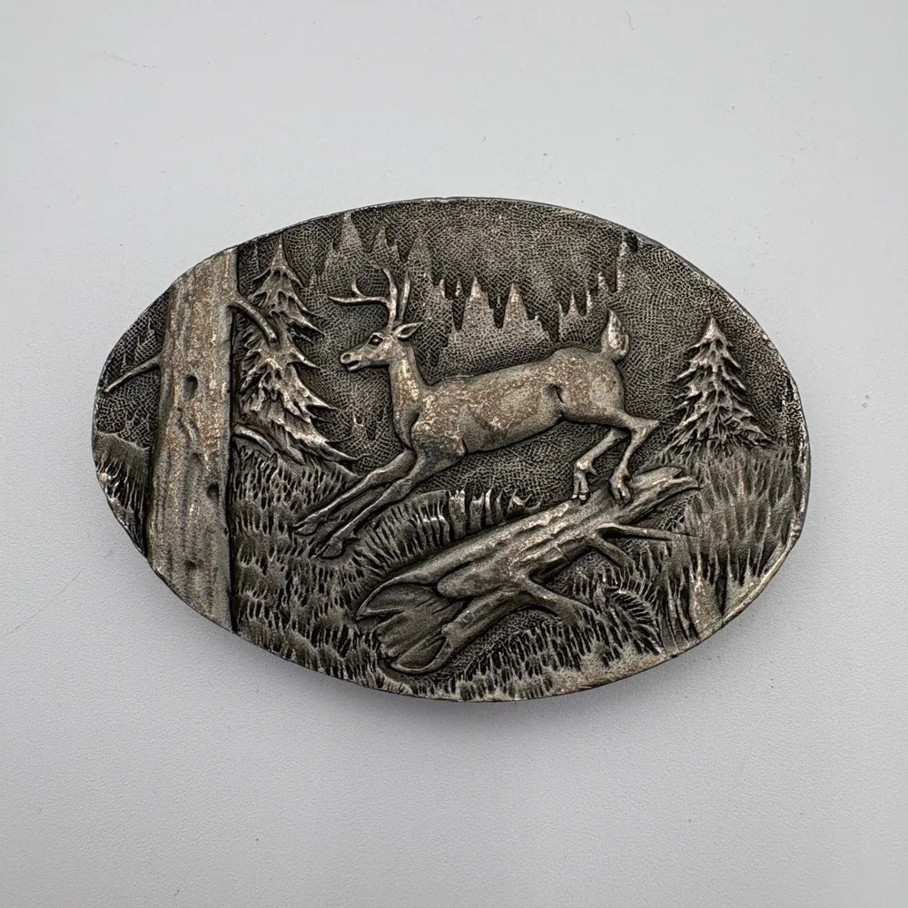 Vintage Indiana‎ Metal Craft Belt Buckle Deer Forest Scene 1980 G297